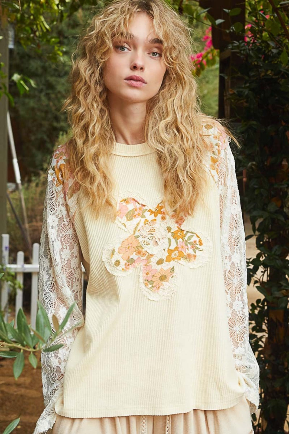 POL Flower Patch Lace Sleeve Knit Top - Charming Charlie