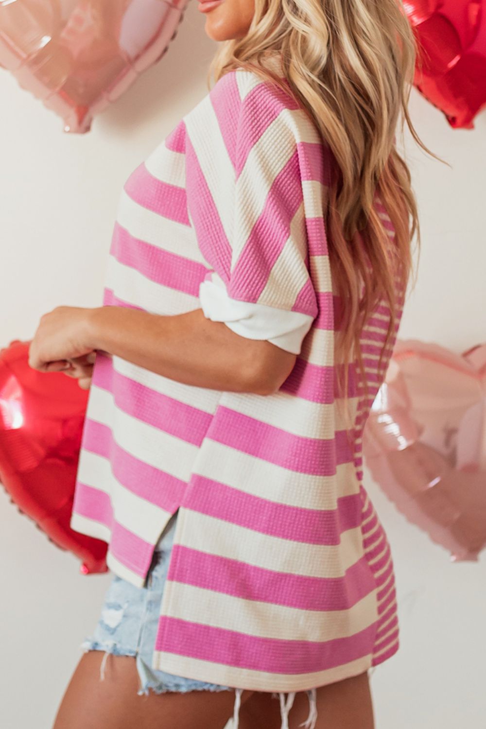 High-Low Striped Round Neck Short Sleeve T-Shirt - Charming Charlie