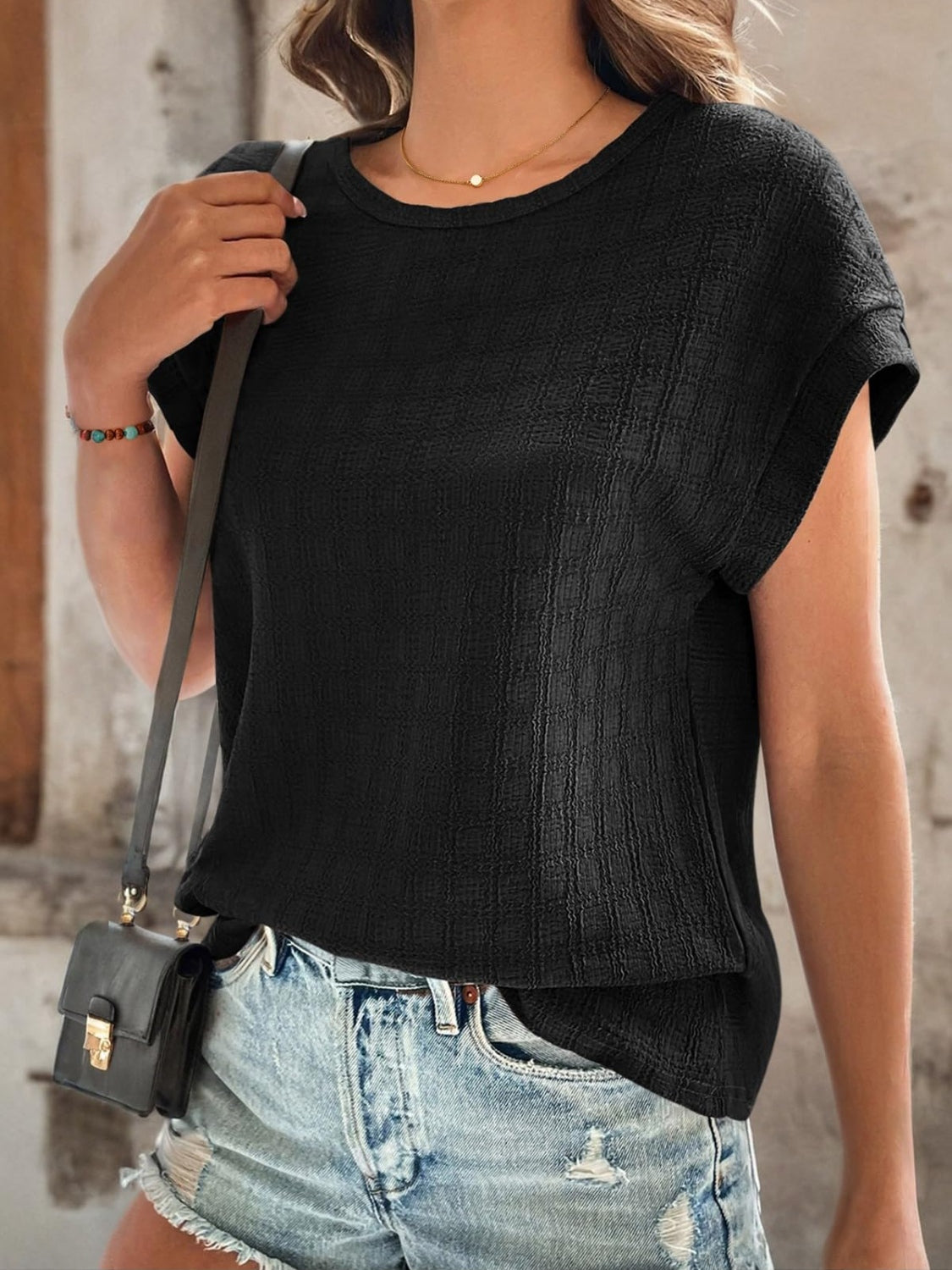 Textured Round Neck Short Sleeve Top - Charming Charlie