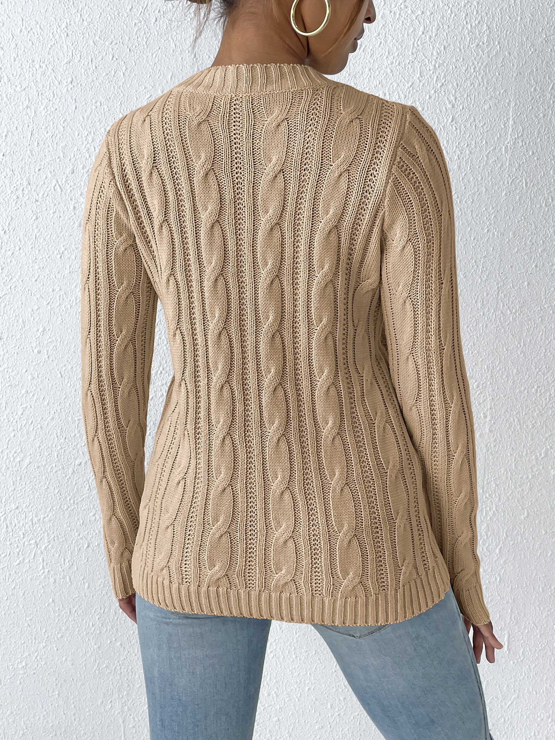 Cable-Knit Heart Round Neck Long Sleeve Sweater - Charming Charlie