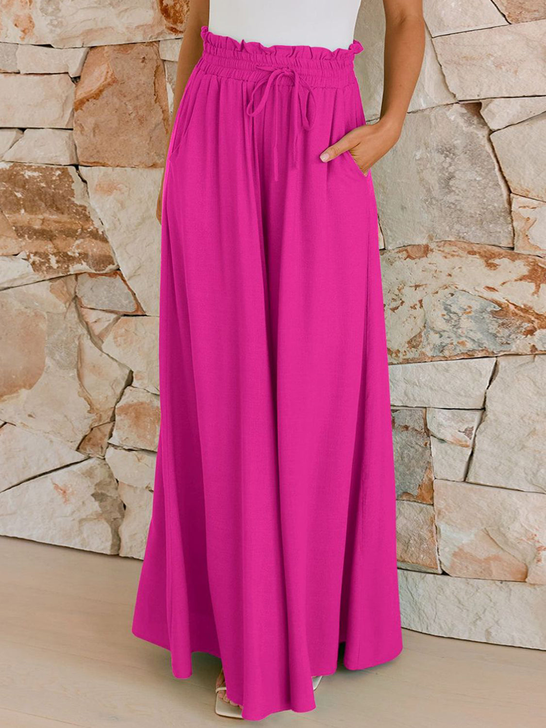 Drawstring Wide Leg Pants with Pockets - Charming Charlie