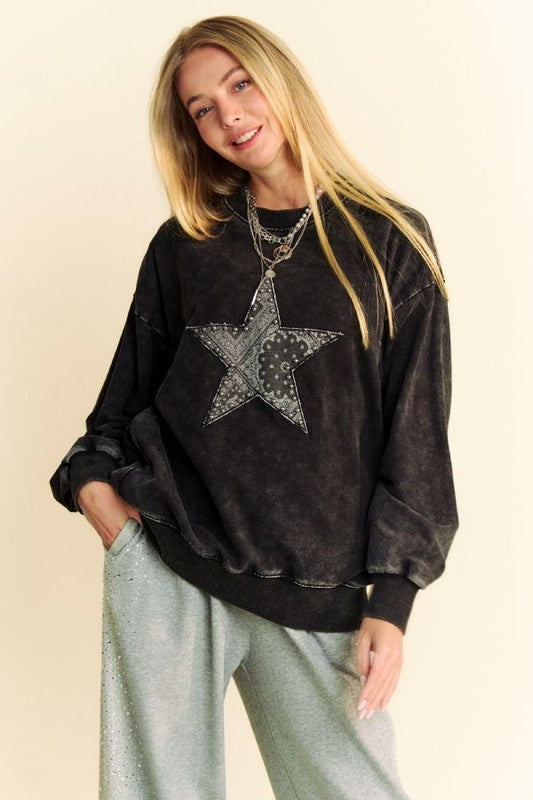 Davi & Dani Stud Star Patch Acid Washed Sweatshirt - Charming Charlie
