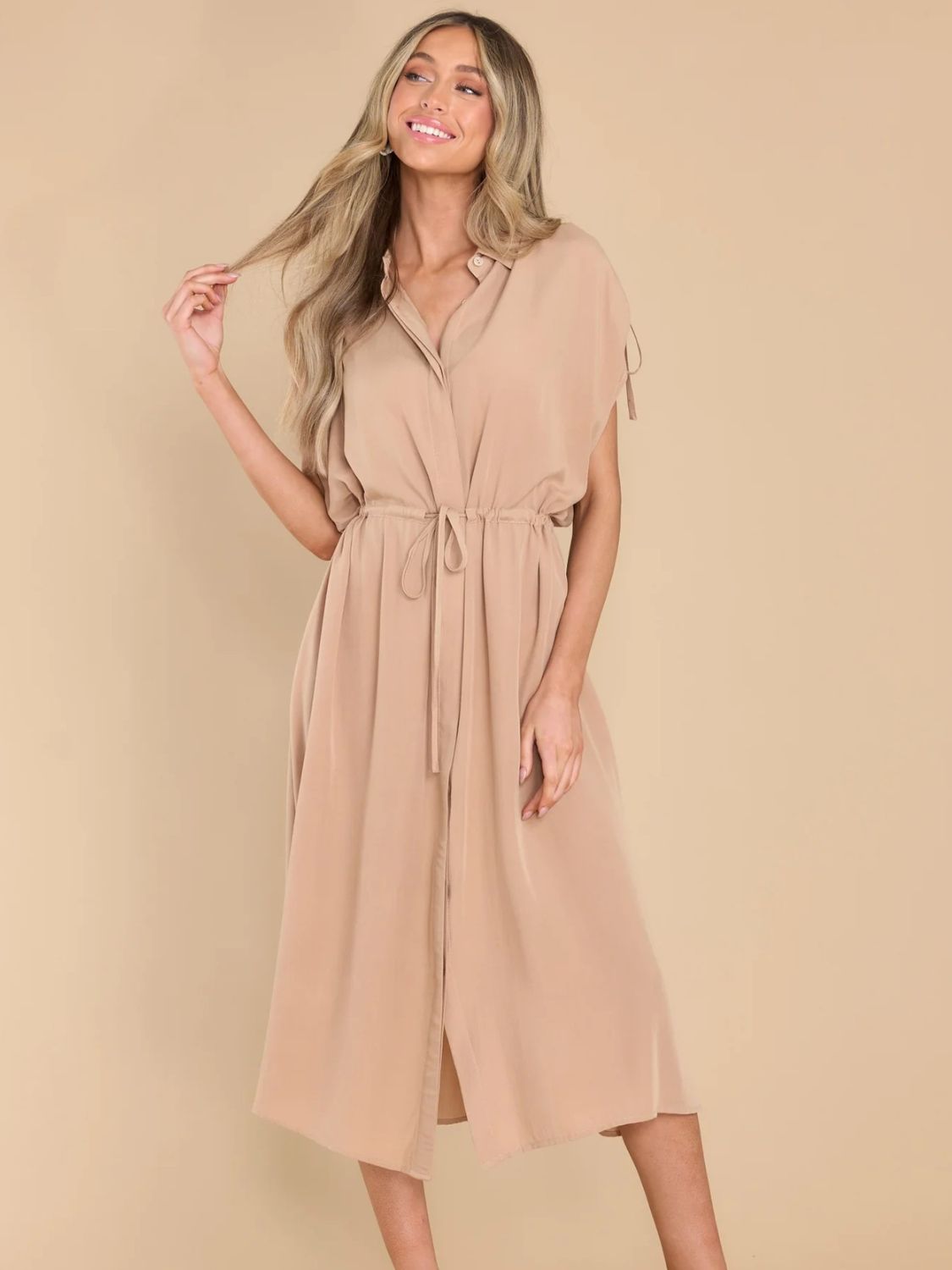 Drawstring Collared Neck Short Sleeve Midi Dress - Charming Charlie