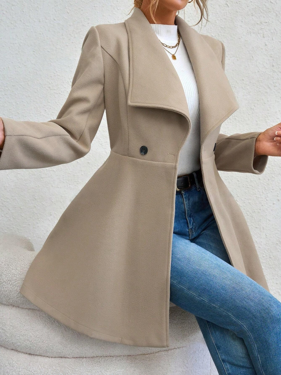 Collared Neck Button Up Long Sleeve Coat - Charming Charlie