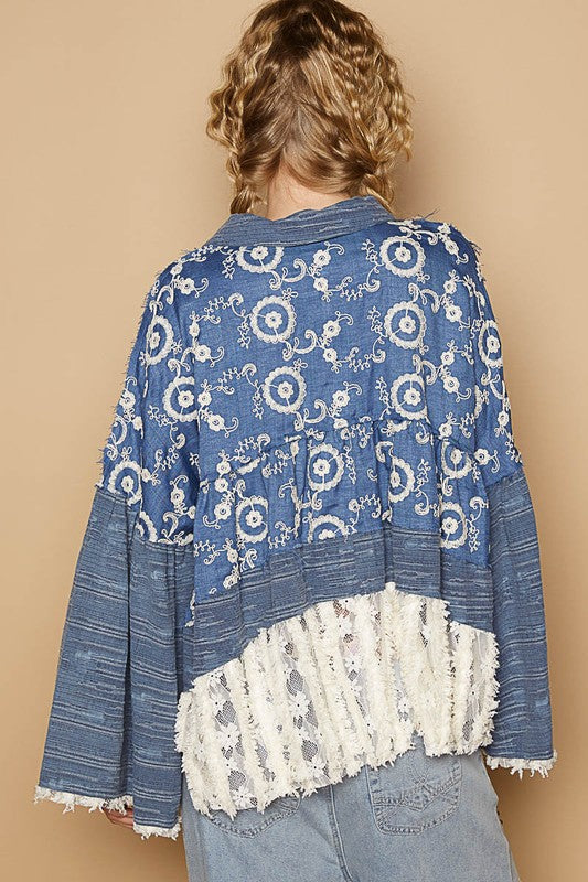POL Lace Hem Embroidered Long Sleeve Shirt - Charming Charlie