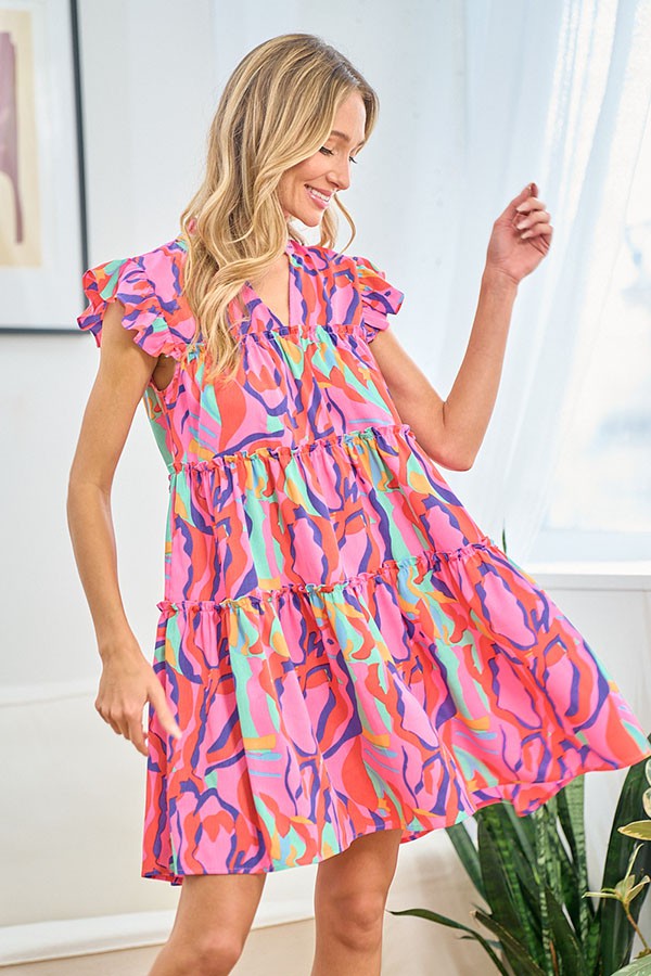 First Love Full Size Printed Ruffle Cap Sleeve Tiered Dress - Charming Charlie