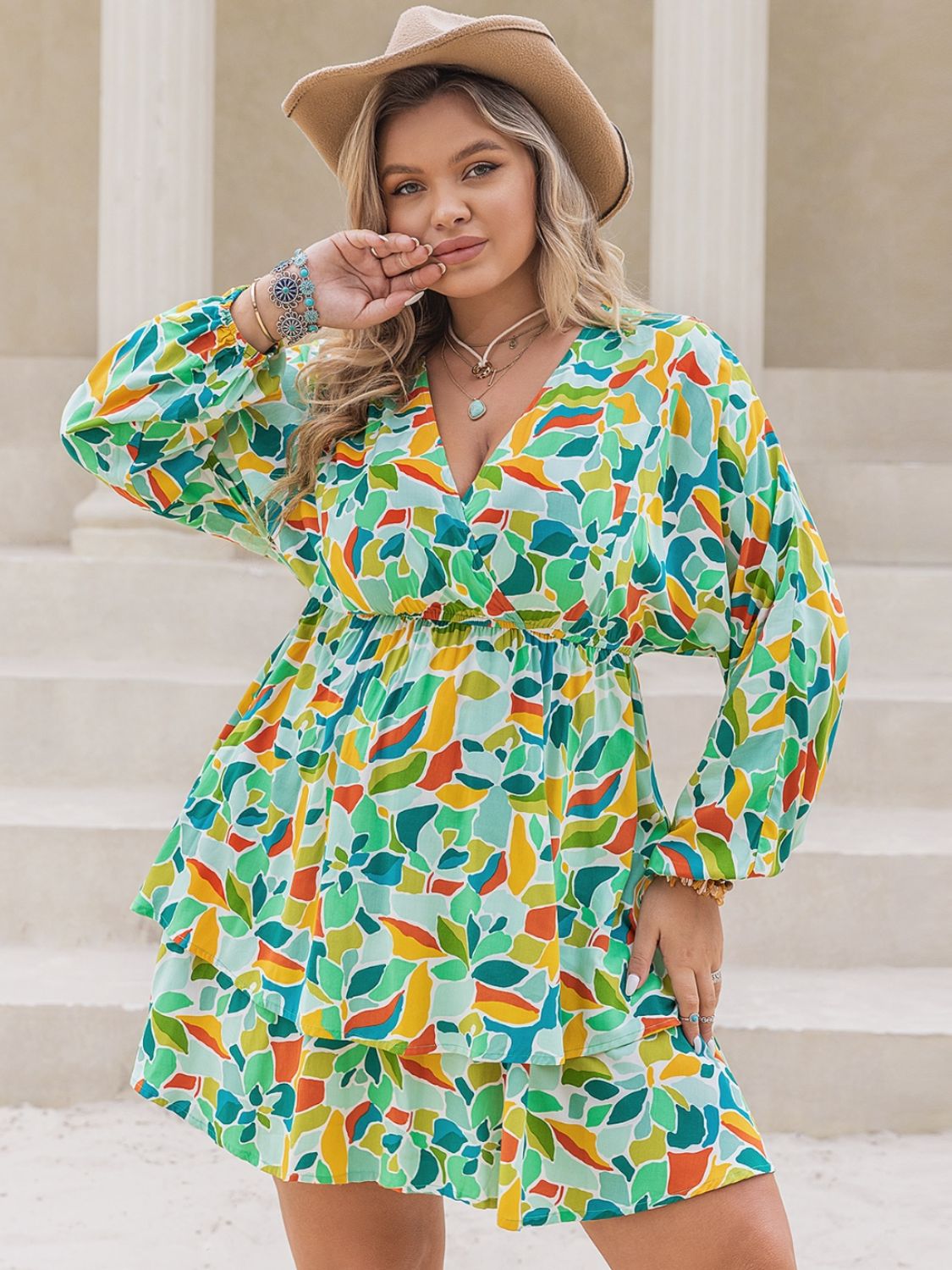 Plus Size Printed Surplice Long Sleeve Mini Dress - Charming Charlie