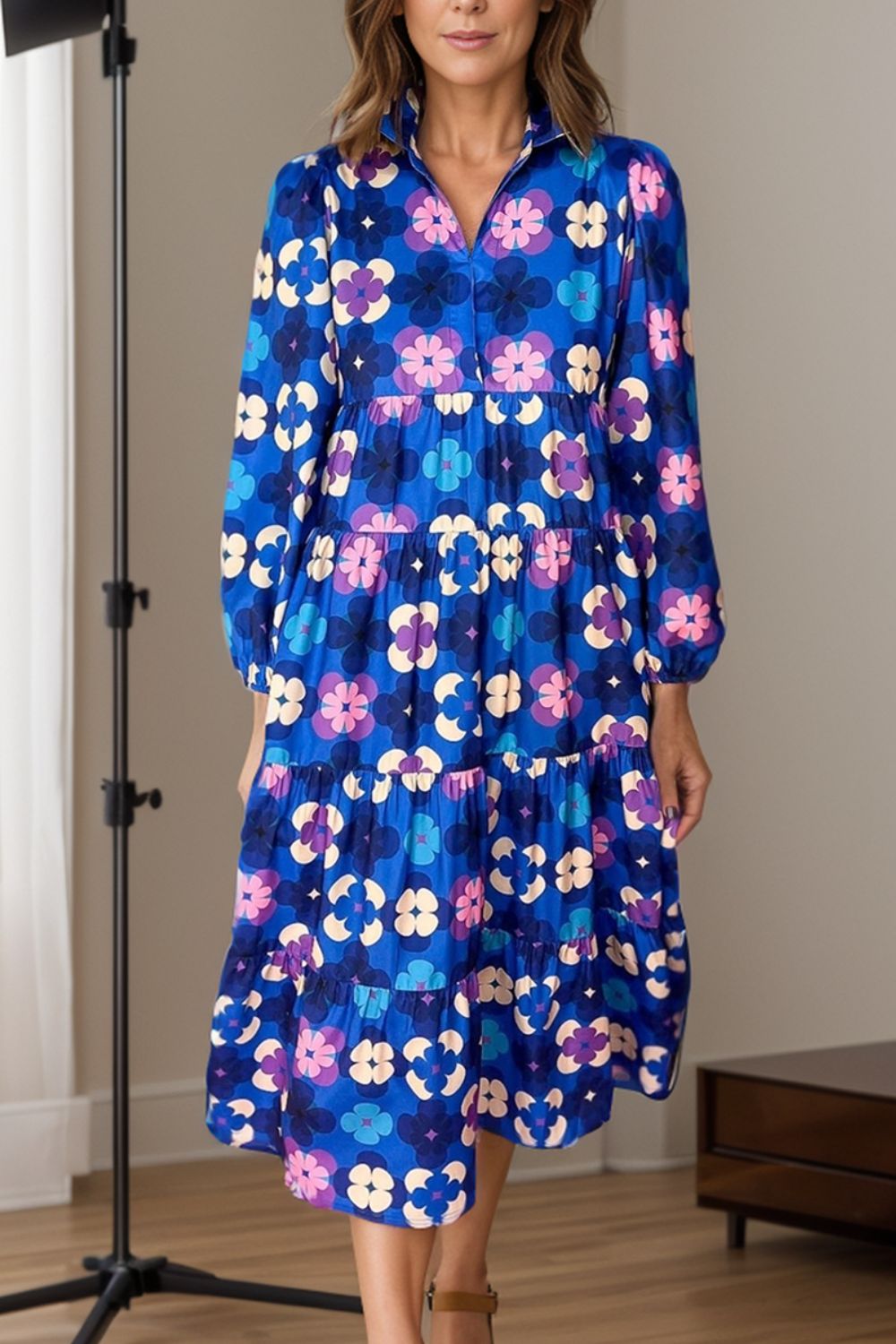 Printed Collared Neck Long Sleeve Midi Dress - Charming Charlie