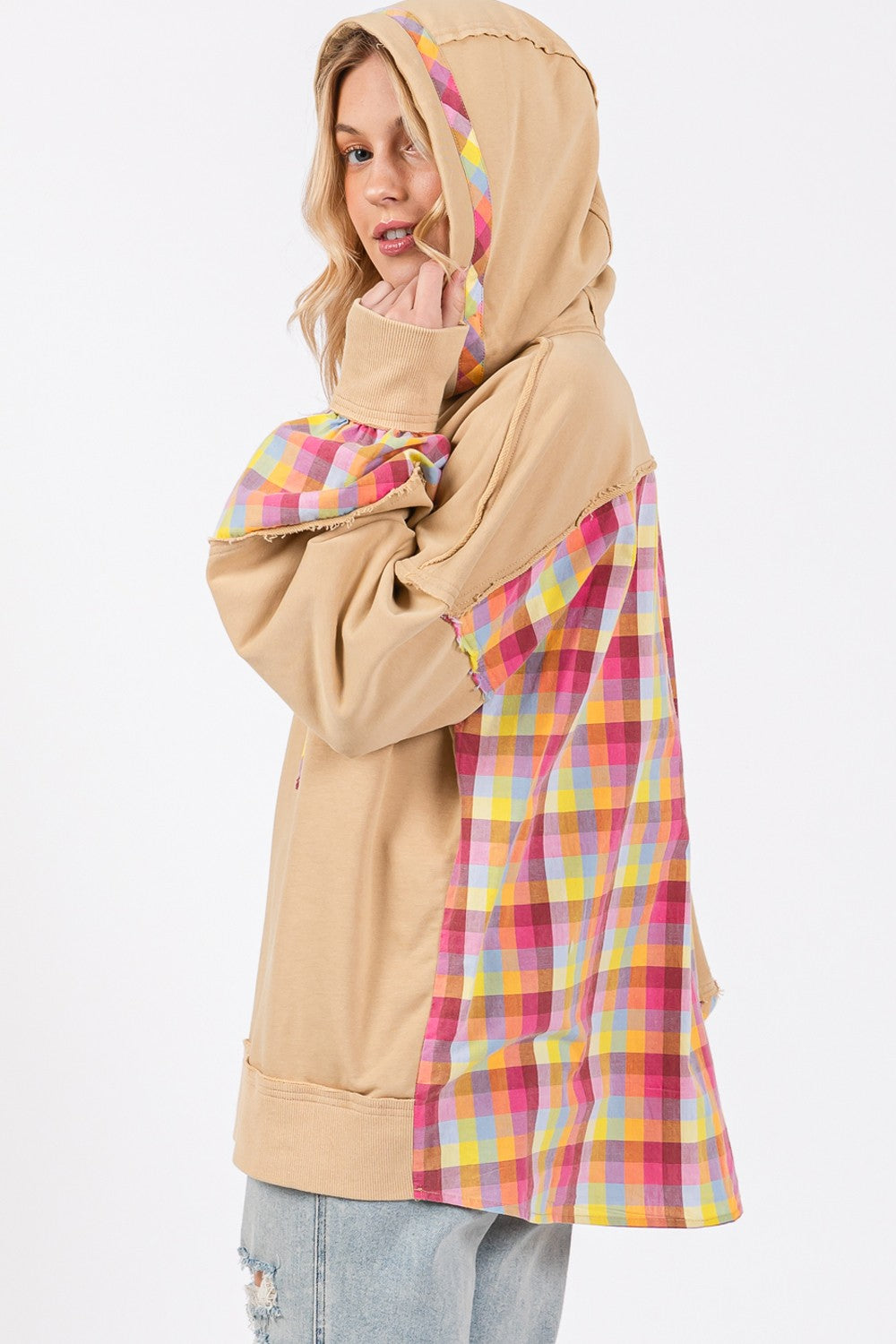 SAGE + FIG Full Size Plaid Print Washed Hoodie - Charming Charlie