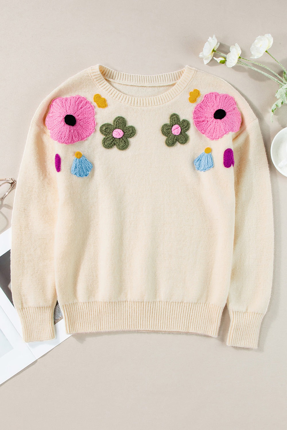 Crochet Flower Round Neck Dropped Shoulder Sweater - Charming Charlie