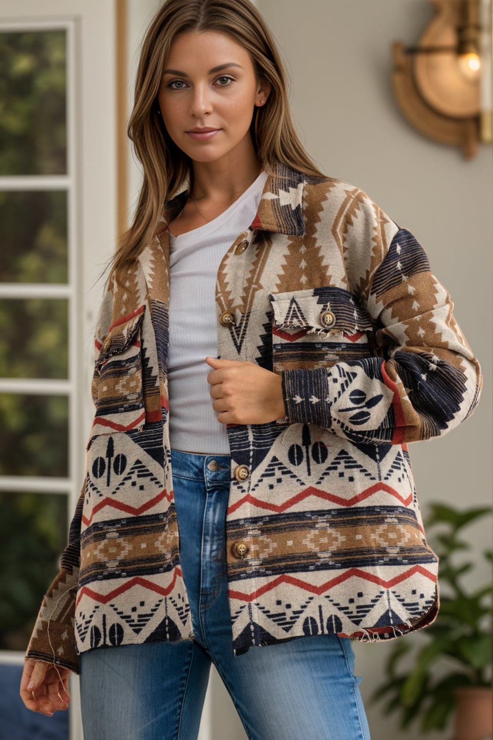 Geometric Button Up Long Sleeve Jacket - Charming Charlie