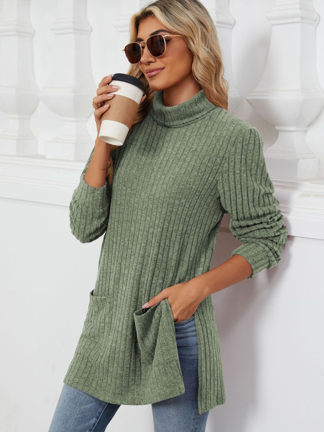 Slit Mock Neck Long Sleeve T-Shirt - Charming Charlie