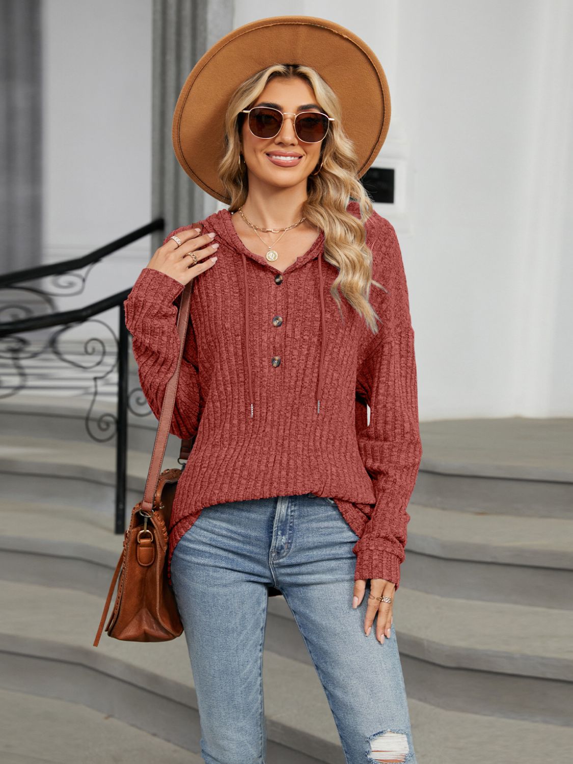 Half Button Long Sleeve Hooded Top - Charming Charlie