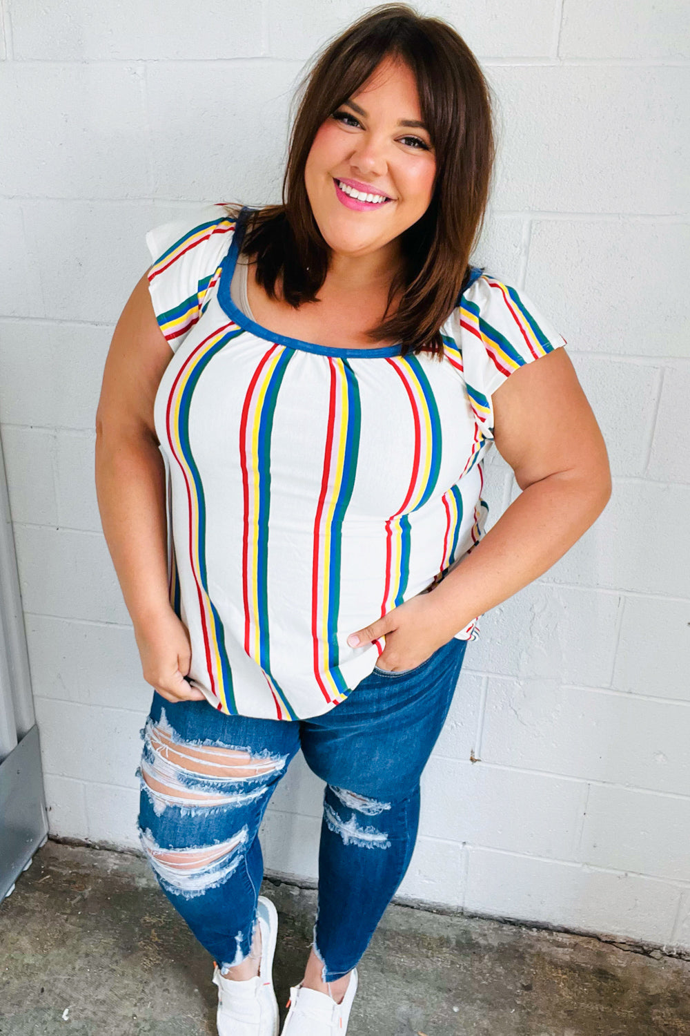 Multicolor Striped Raglan Flutter Sleeve Top - Charming Charlie