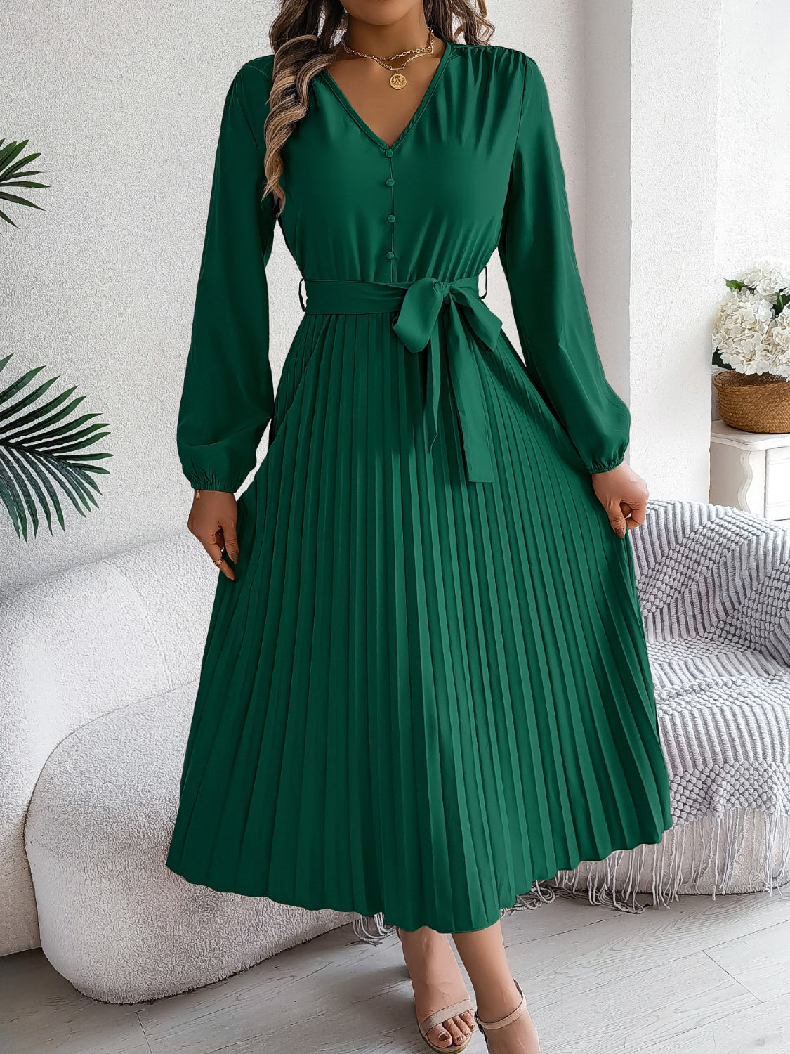 Pleated Tied V-Neck Long Sleeve Dress - Charming Charlie