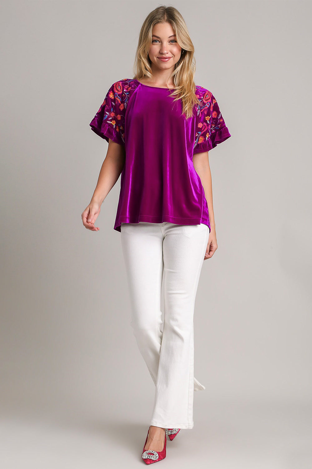 Umgee Full Size Velvet Embroidery Short Sleeve Blouse - Charming Charlie