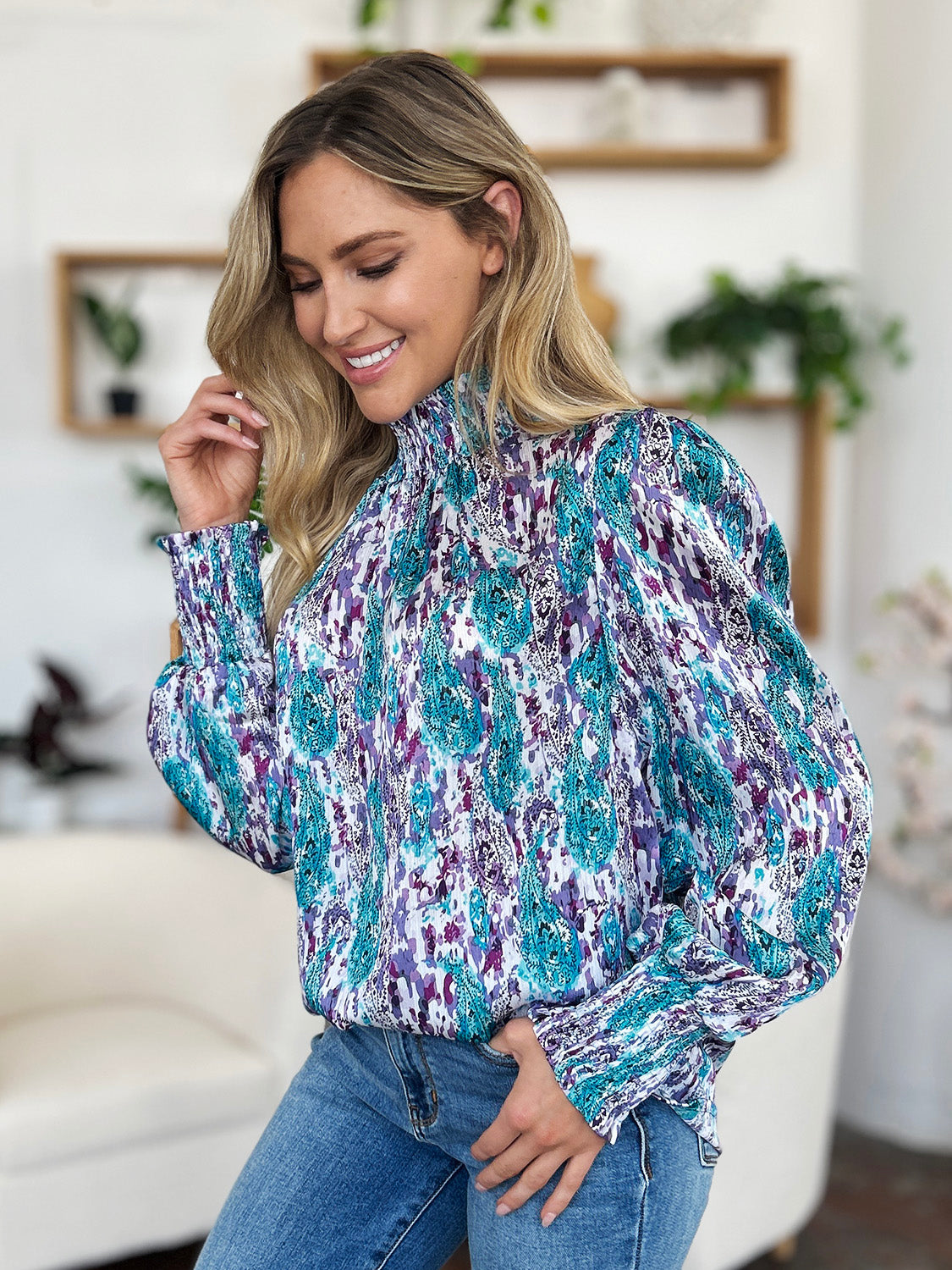 Double Take Full Size Printed Smocked Long Sleeve Blouse - Charming Charlie
