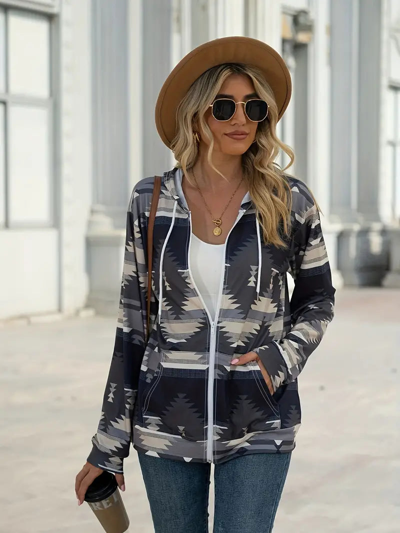 Geometric Zip Up Long Sleeve Hooded Jacket - Charming Charlie