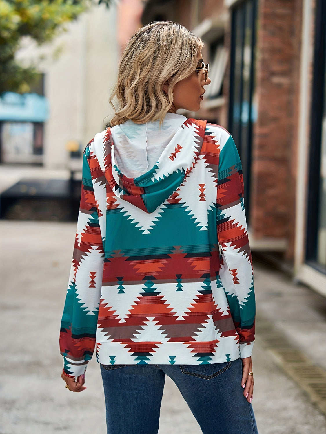 Geometric Zip Up Long Sleeve Hooded Jacket - Charming Charlie