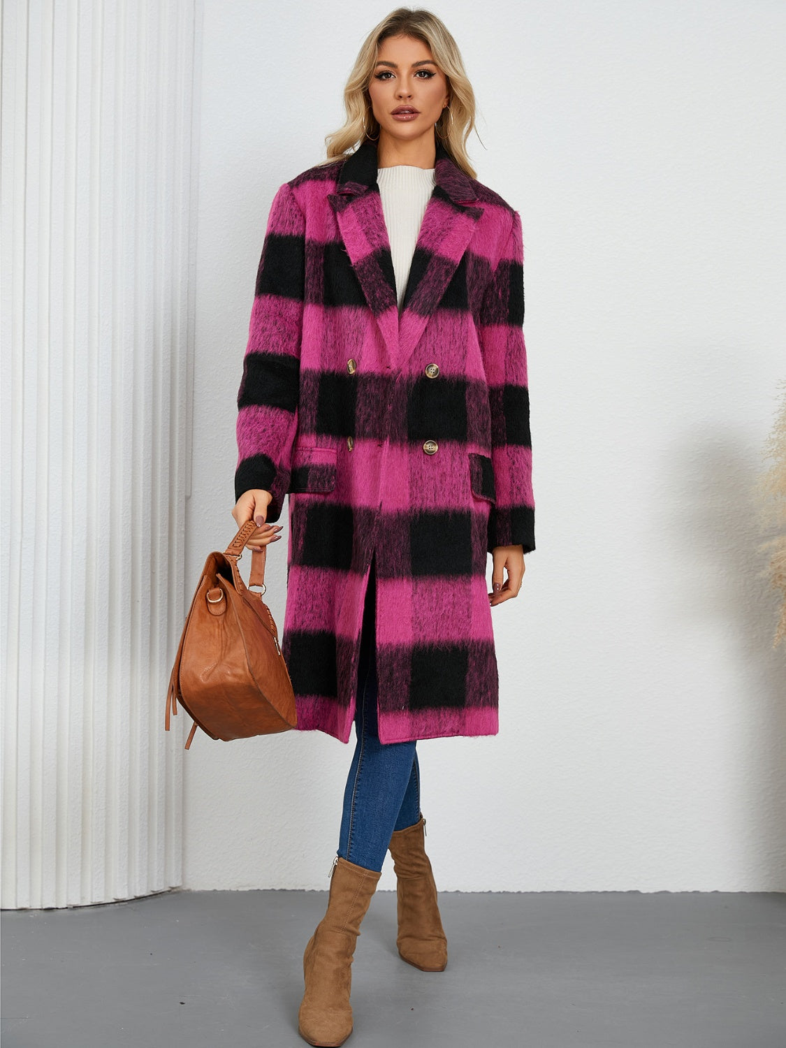 Plaid Double-Breasted Long Sleeve Coat - Charming Charlie