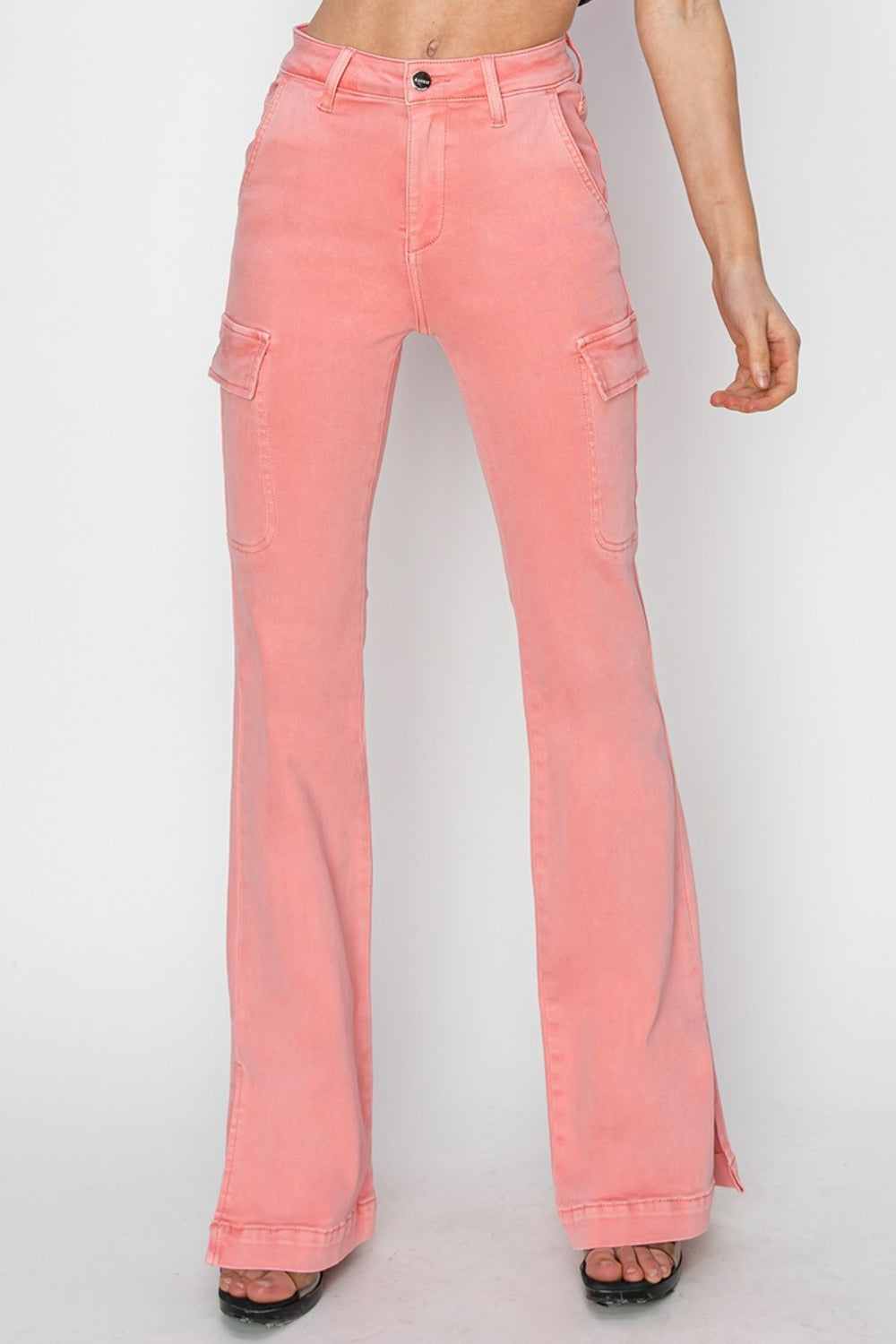 RISEN Full Size High Rise Side Slit Cargo Bootcut Jeans - Charming Charlie