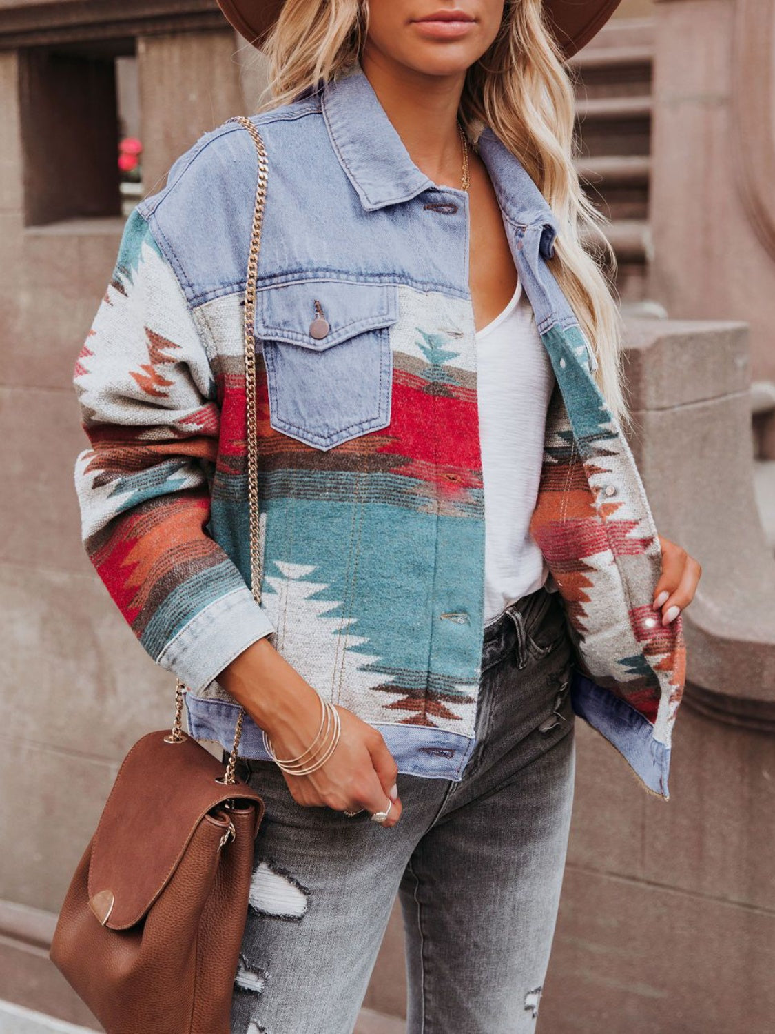 Geometric Button Up Long Sleeve Denim Jacket - Charming Charlie