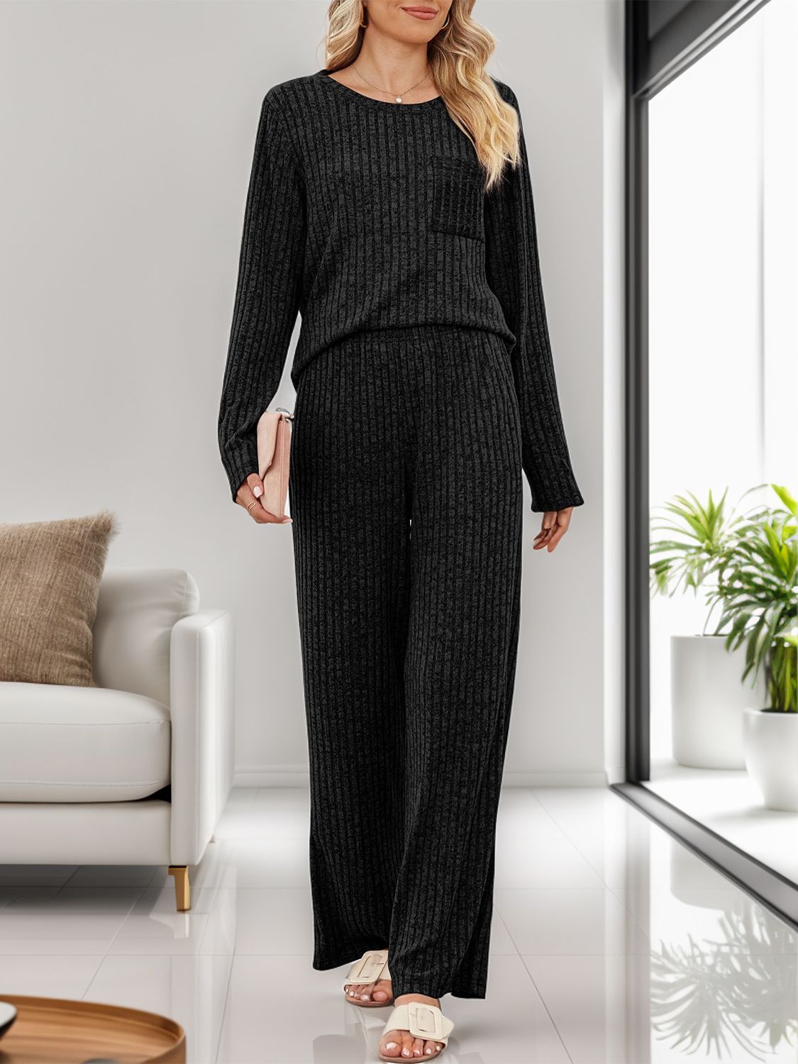 Round Neck Long Sleeve Top and Pants Set - Charming Charlie