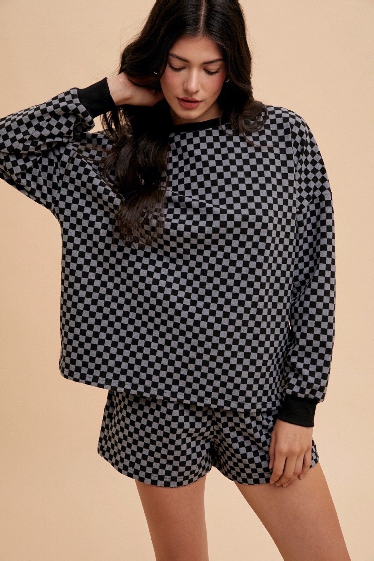 Annie Wear Checkered Round Neck Top and Drawstring Shorts Set - Charming Charlie
