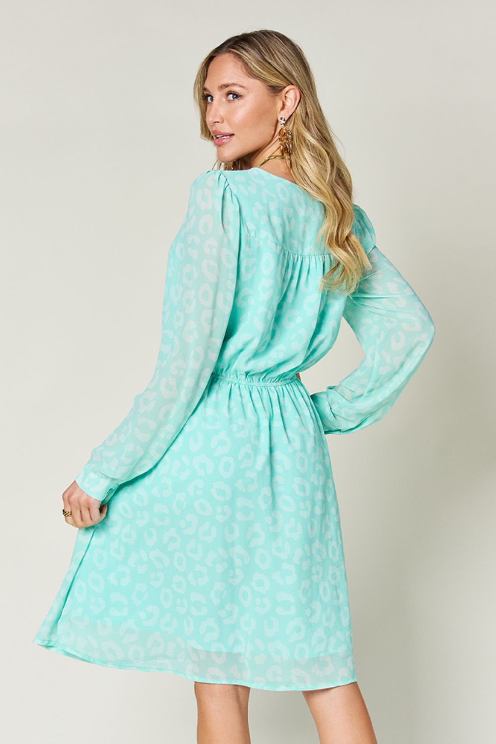 Double Take Full Size Printed Ruched V-Neck Long Sleeve Dress - Charming Charlie
