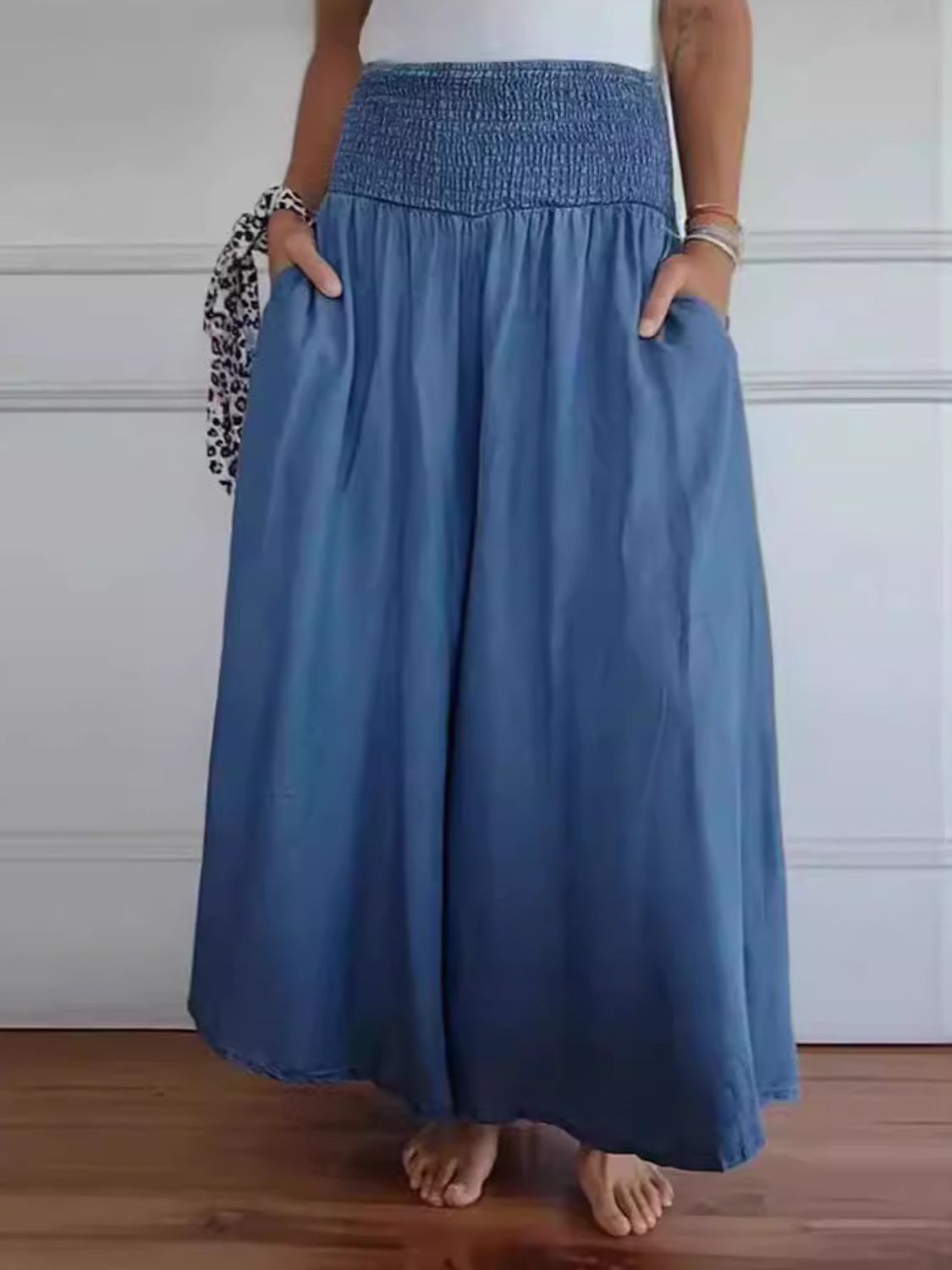 Full Size Smocked Wide Leg Pants with Pockets - Charming Charlie