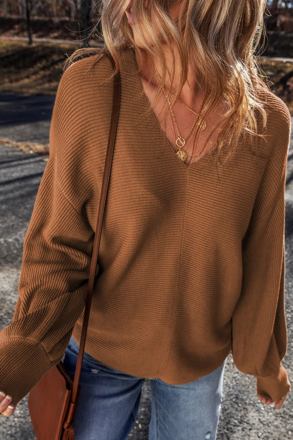 V-Neck Dropped Shoulder Long Sleeve Sweater - Charming Charlie