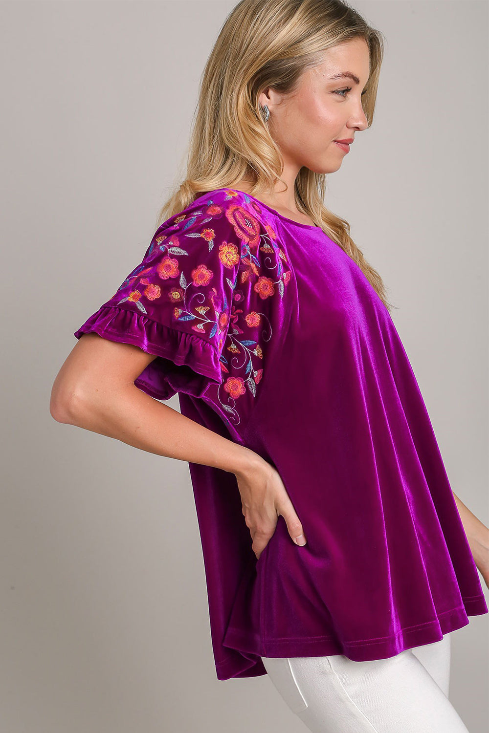 Umgee Full Size Velvet Embroidery Short Sleeve Blouse - Charming Charlie
