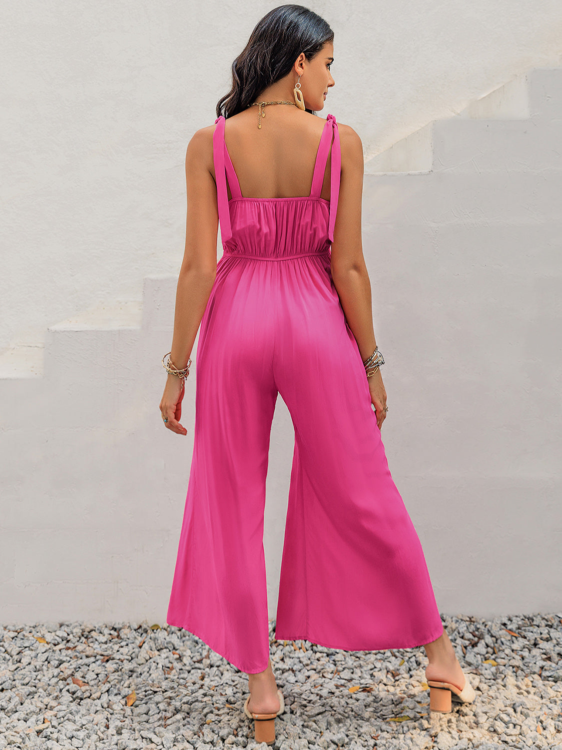 V-Neck Wide Strap Slit Jumpsuit - Charming Charlie
