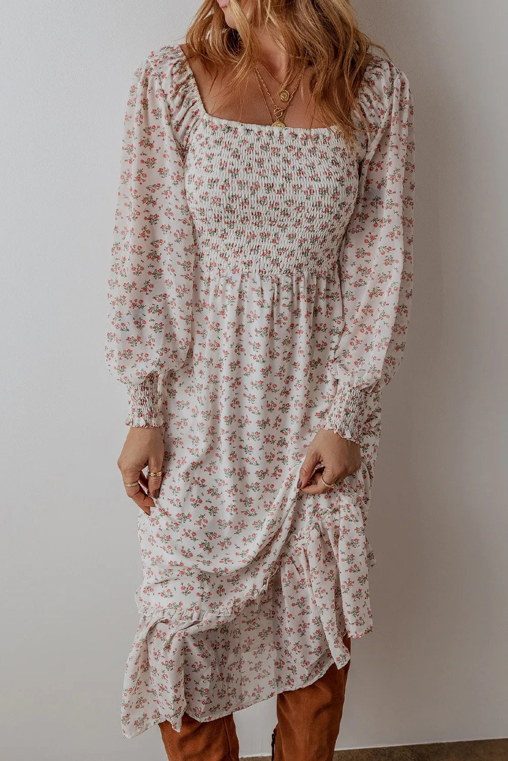 Smocked Floral Square Neck Long Sleeve Midi Dress - Charming Charlie
