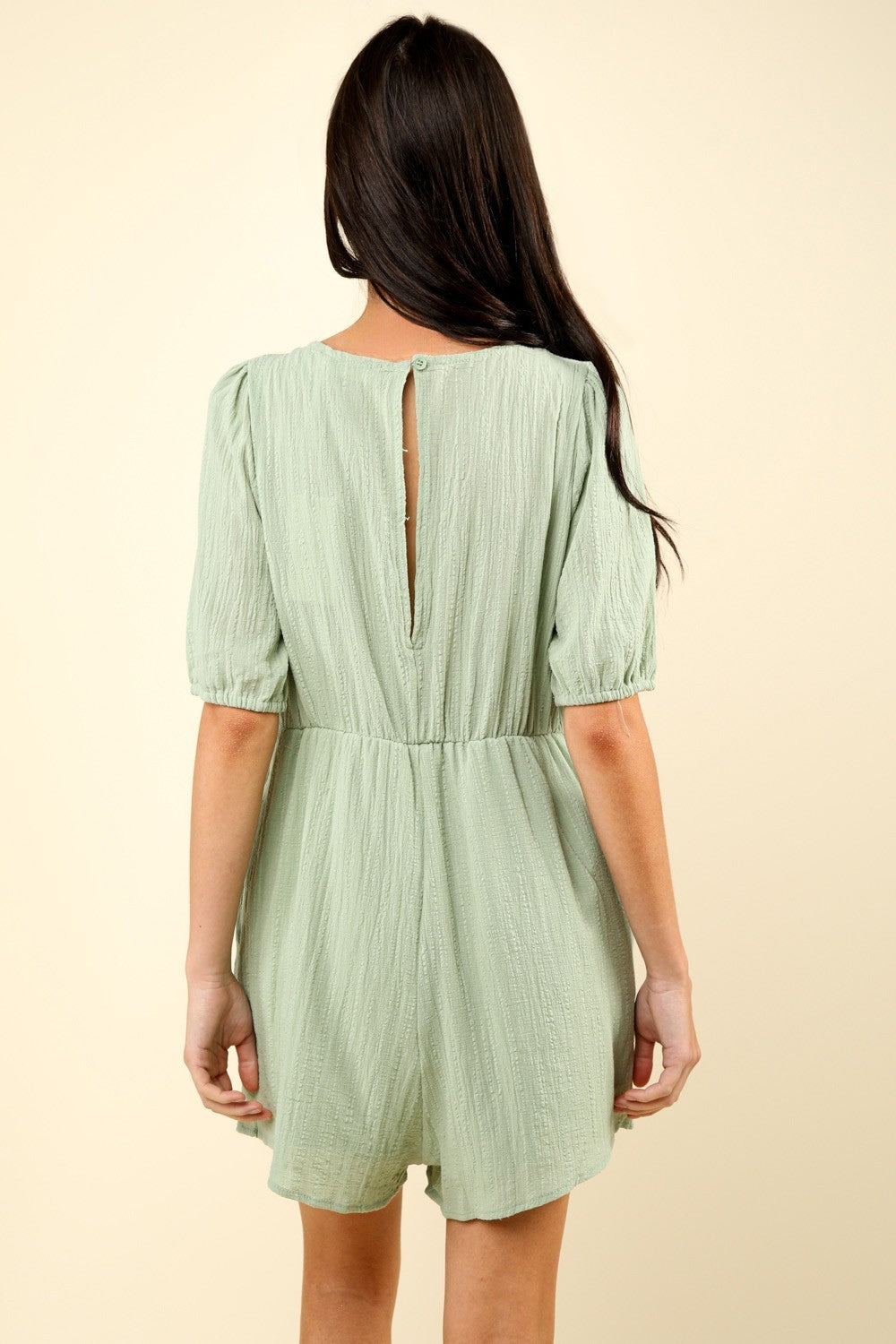 VERY J Lace Detail Puff Sleeve Romper with Pockets - Charming Charlie