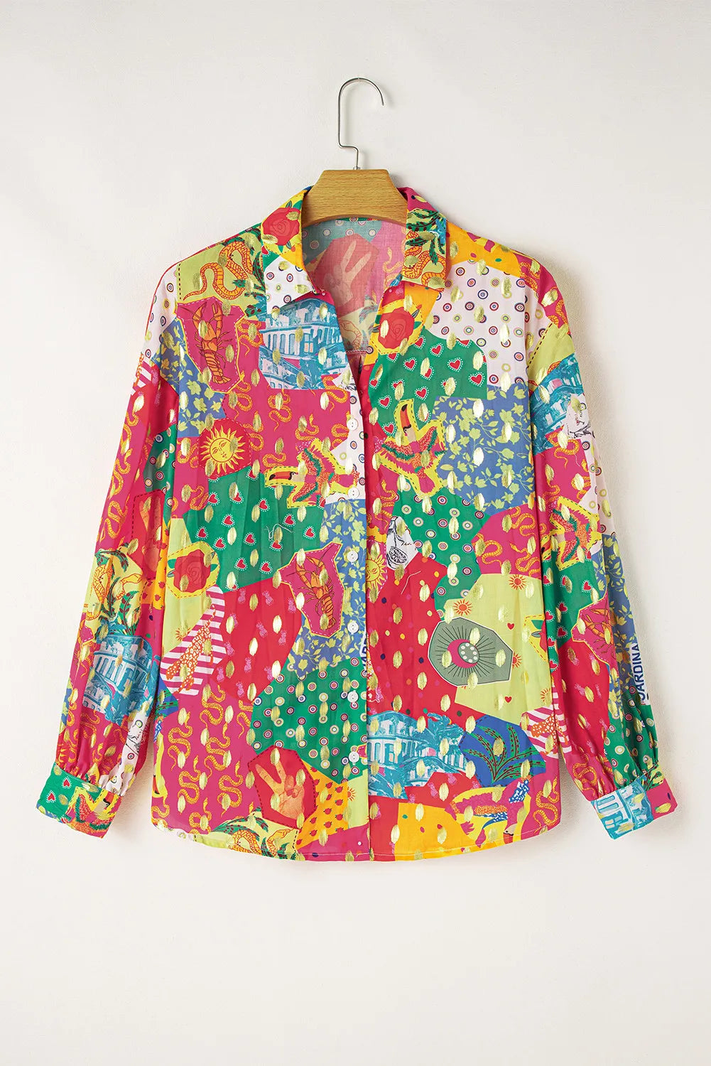 Printed Collared Neck Long Sleeve Shirt - Charming Charlie