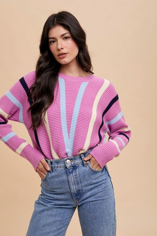 Annie Wear Chevron Stripe Round Neck Ribbed Sweater - Charming Charlie