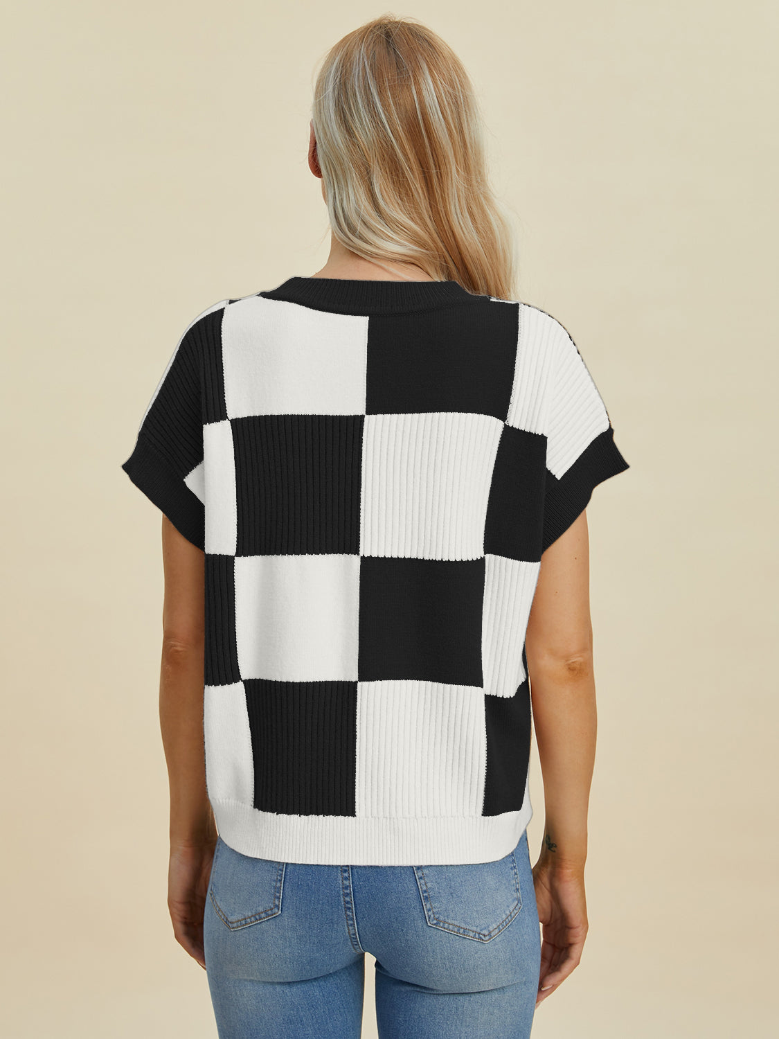 Double Take Full Size Checkered Round Neck Short Sleeve Sweater - Charming Charlie