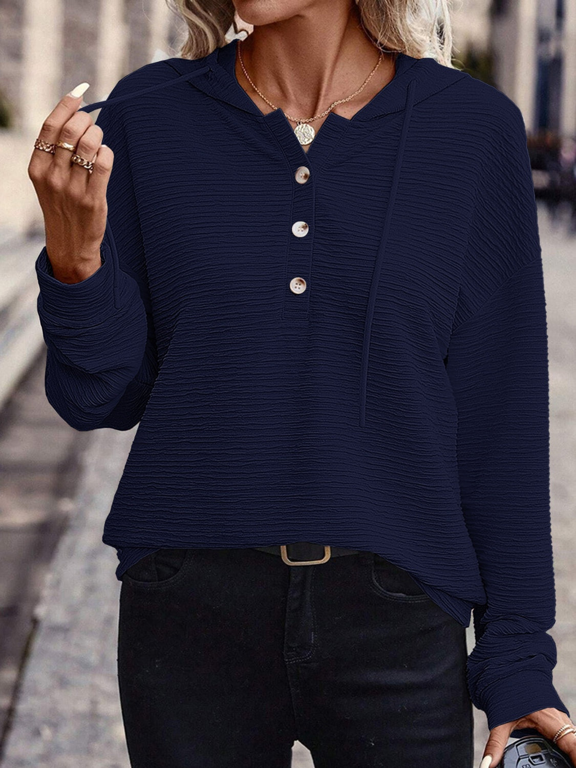 Drawstring Quarter Button Long Sleeve Hoodie - Charming Charlie
