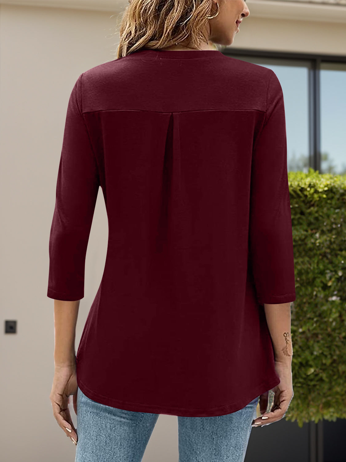 Notched Three-Quarter Sleeve T-Shirt - Charming Charlie
