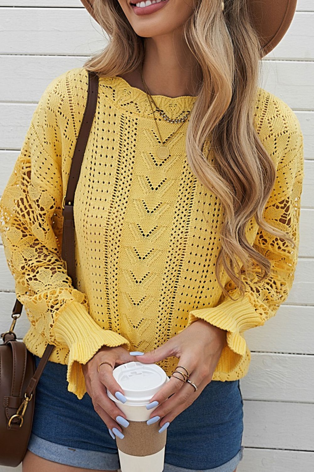 Openwork Round Neck Long Sleeve Sweater - Charming Charlie
