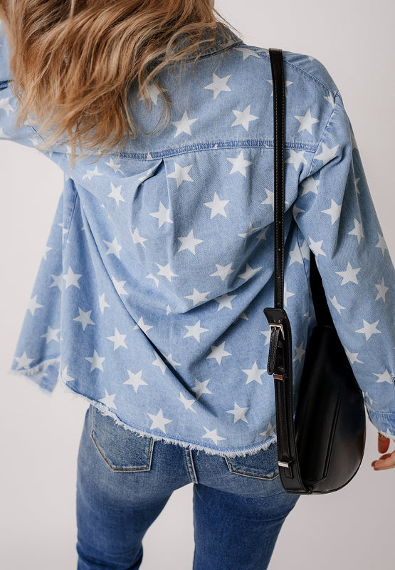 Raw Hem Star Collared Neck Denim Top - Charming Charlie
