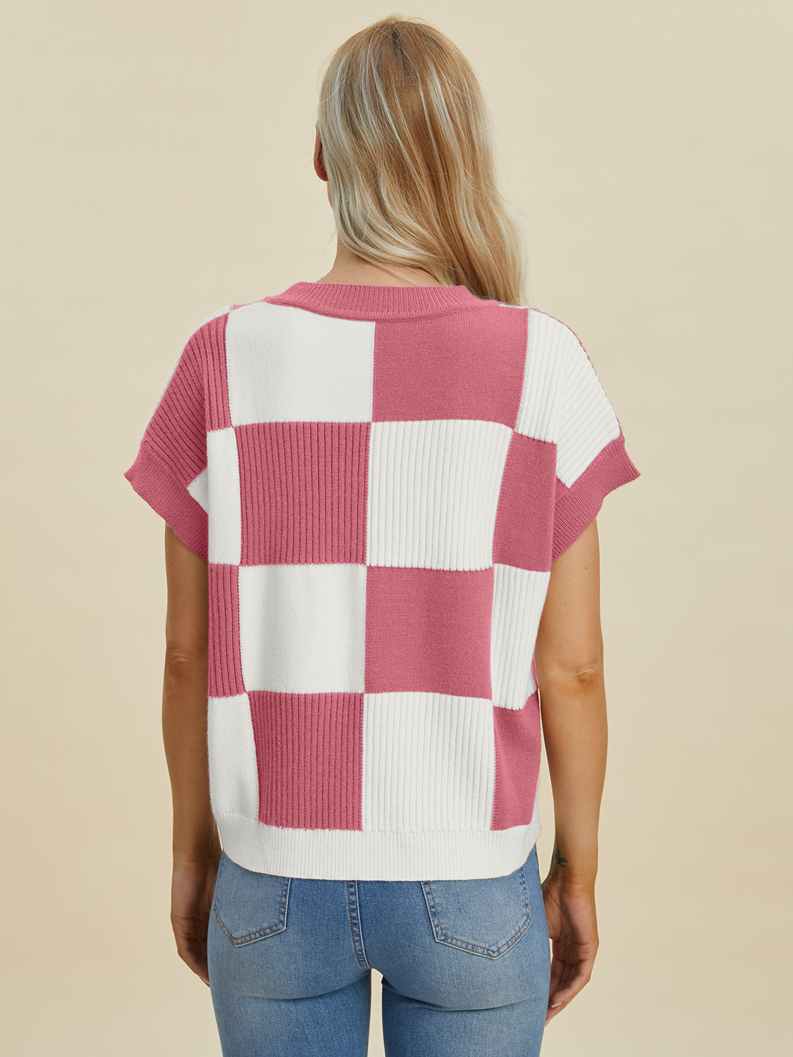 Double Take Full Size Checkered Round Neck Short Sleeve Sweater - Charming Charlie
