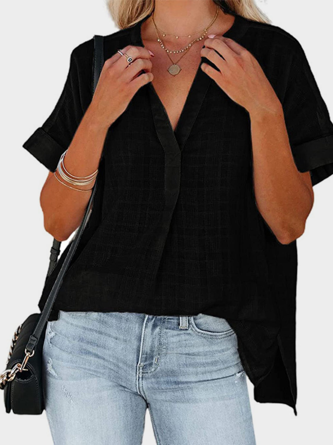 Mandy Side Slit Notched Short Sleeve Blouse - Charming Charlie