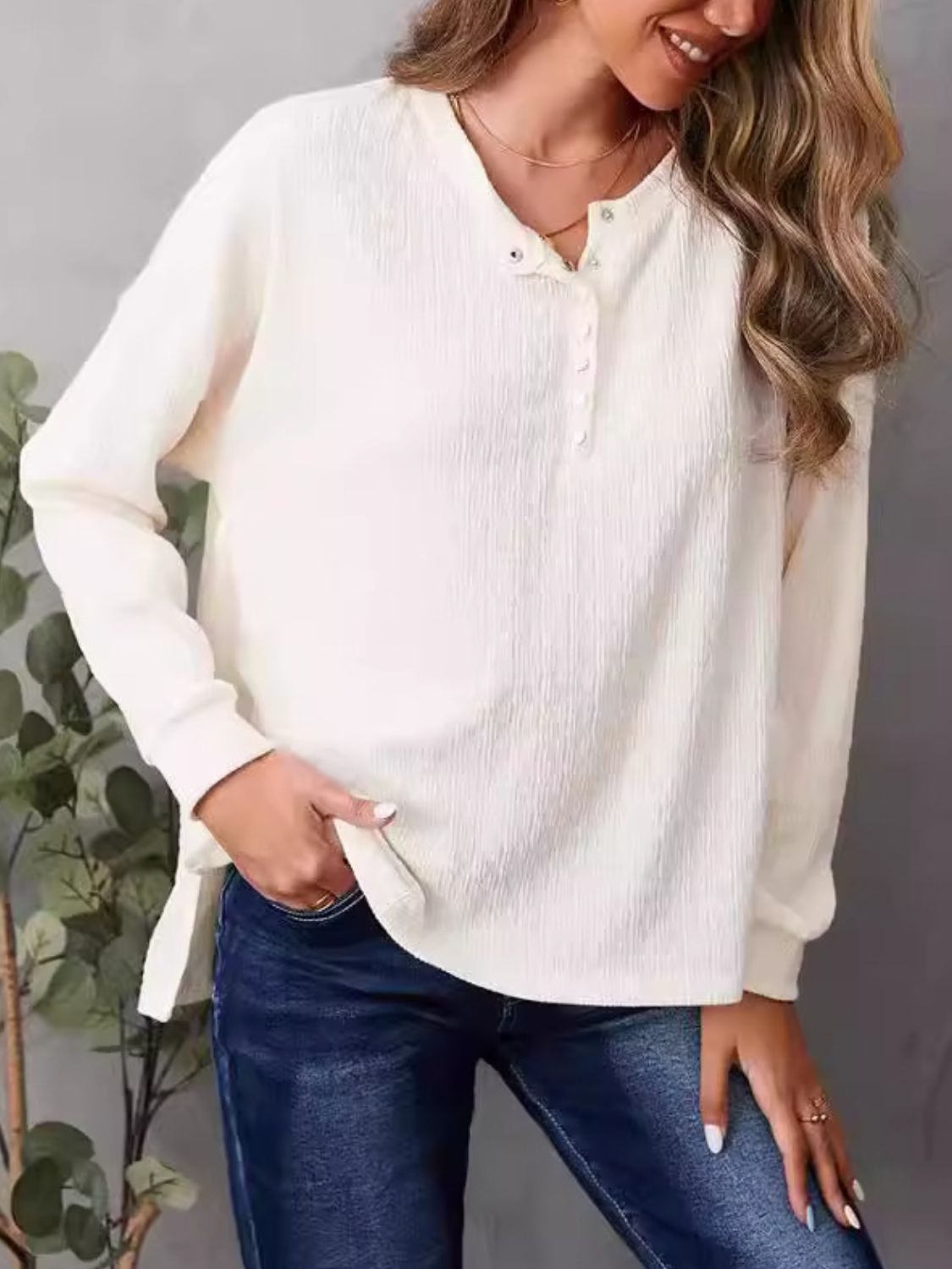 High-Low Quarter Snap Round Neck T-Shirt - Charming Charlie