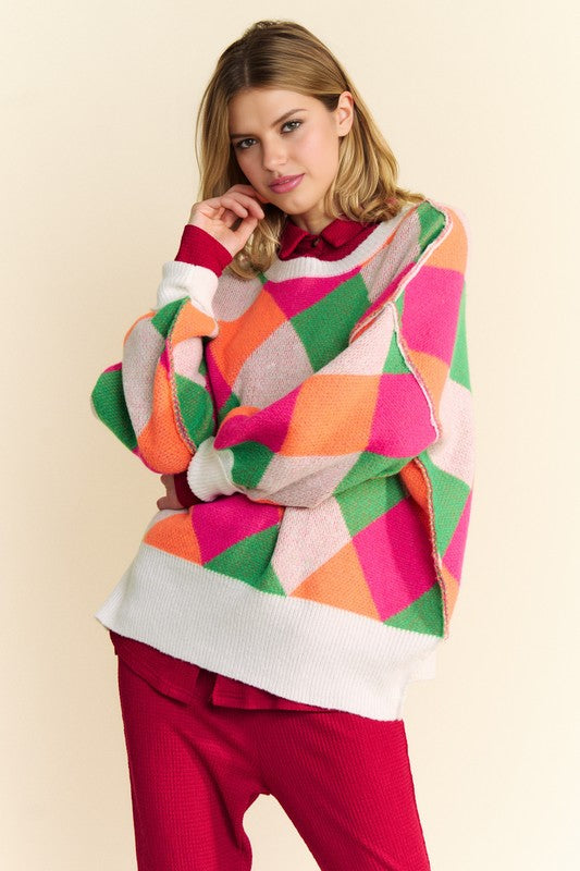 Davi & Dani Exposed Seam Color Block Dropped Shoulder Sweater - Charming Charlie