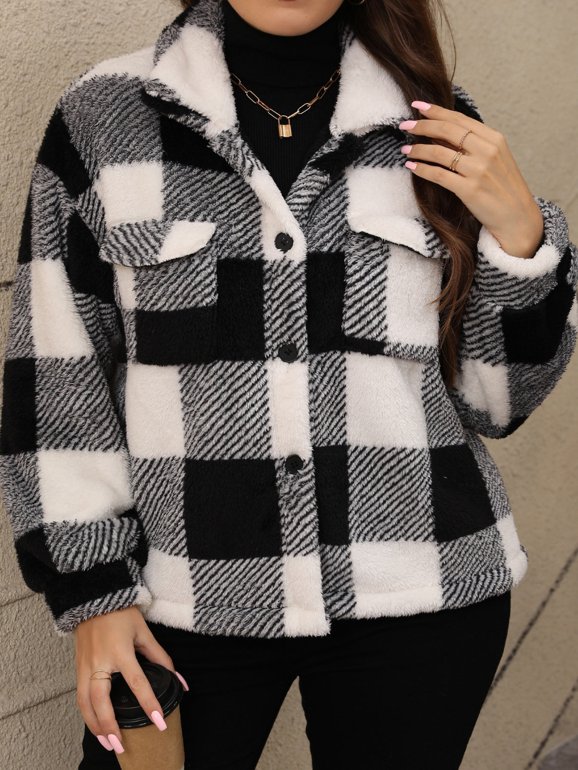 Plus Size Pocketed Plaid Collared Neck Jacket - Charming Charlie