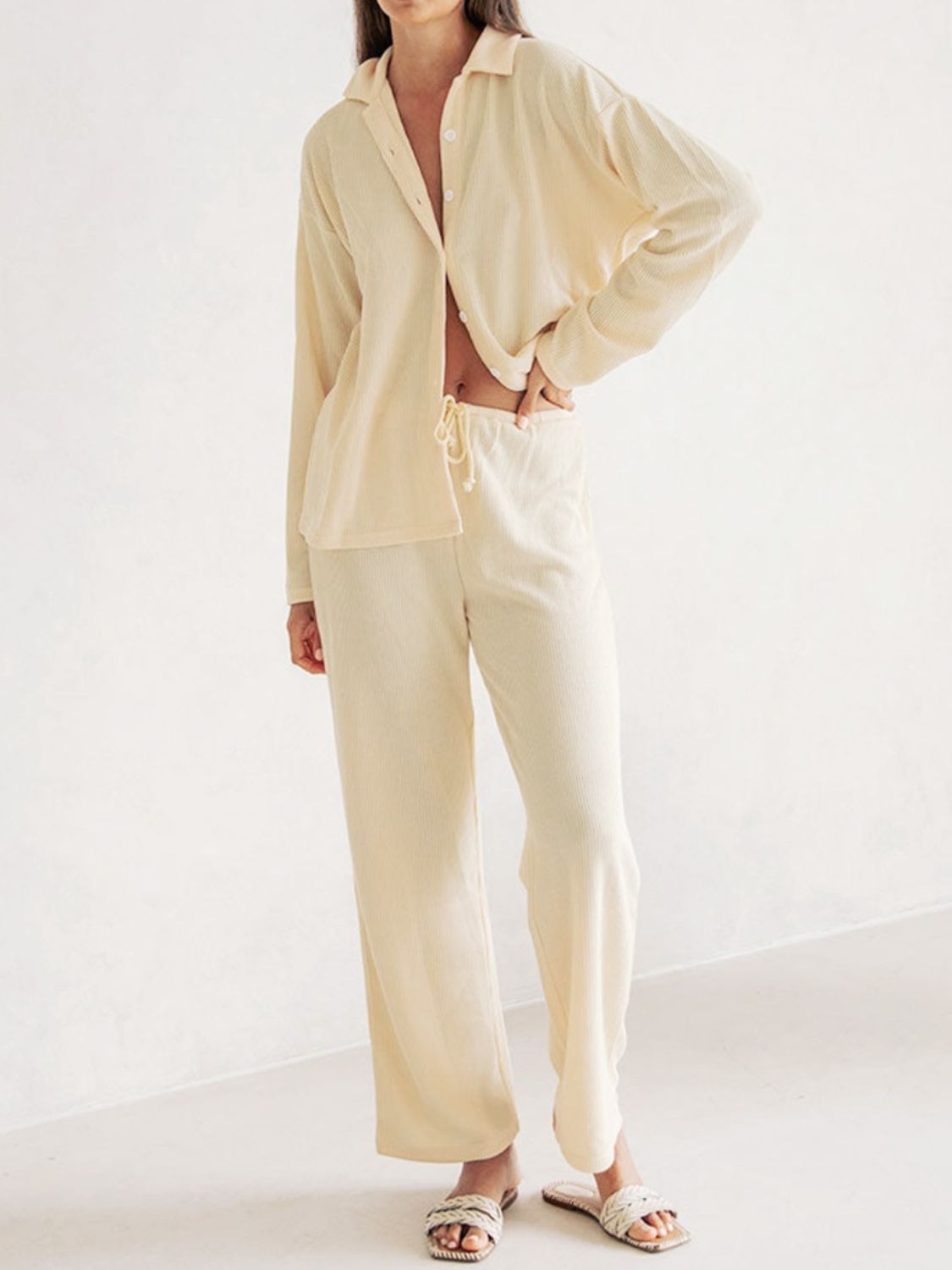 Collared Neck Long Sleeve Top and Drawstring Pants Set - Charming Charlie