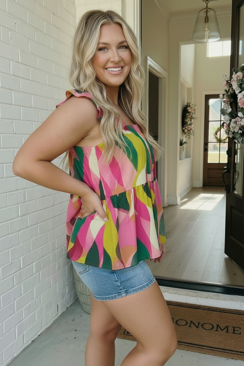 Abstract Print Ruffle Sleeve Babydoll Top - Charming Charlie