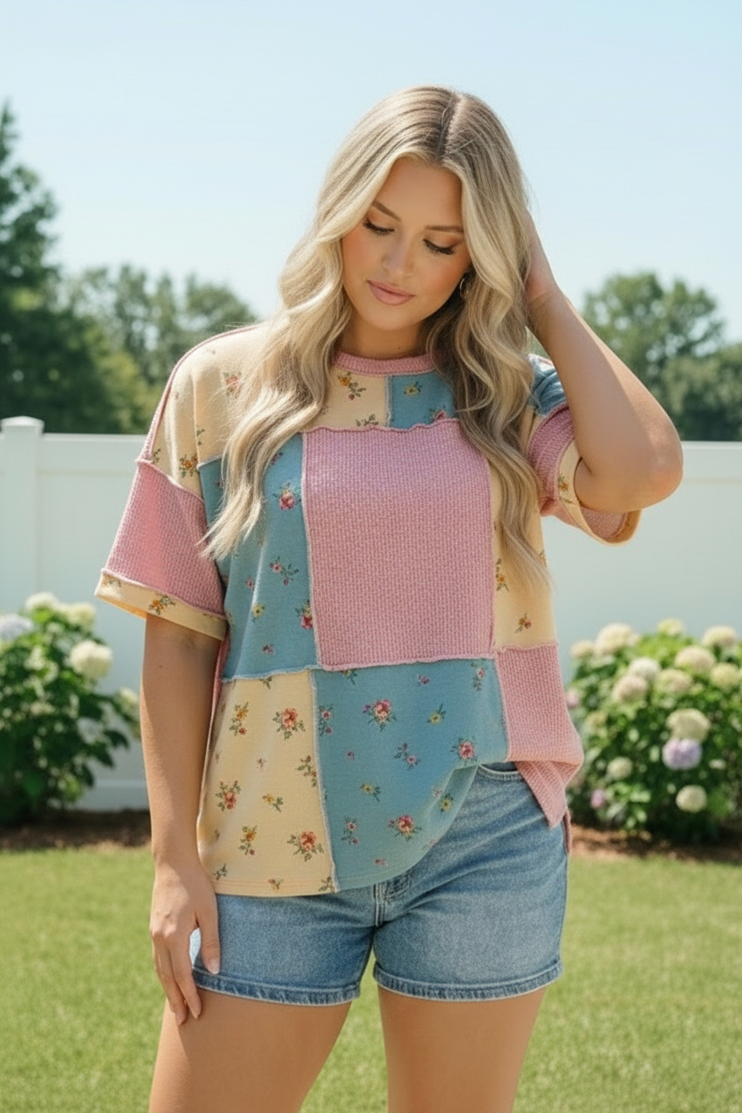 Patchwork Floral Waffle Knit Top - Charming Charlie